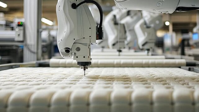 Precision Manufacturing: Robotic arms meticulously stitch a mattress with a precise pattern, symbolizing automation and efficiency in modern industry.