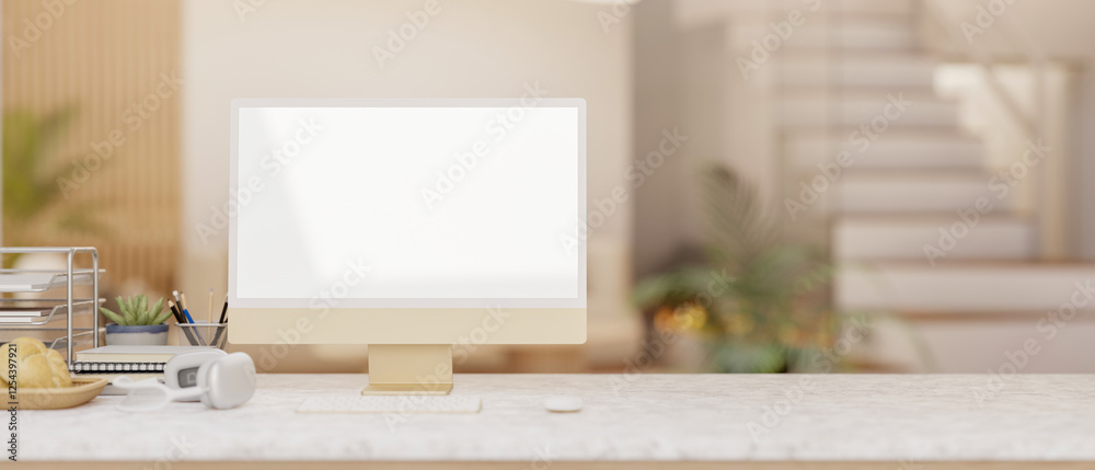 Canvas Prints a computer with a blank screen mockup on a desk set in a contemporary living room.