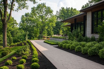 Fototapeta premium Serene garden pathway leading to a modern home surrounded by lush greenery and trees