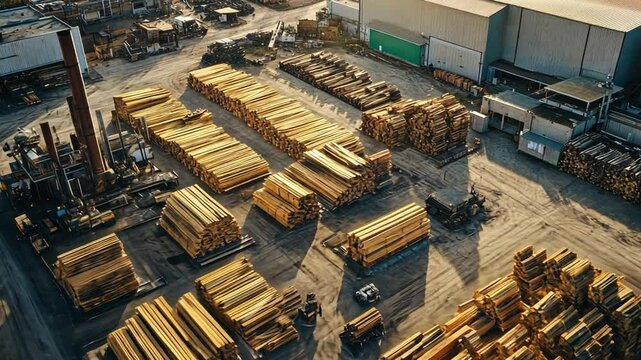 Timber Yard Aerial: A sweeping aerial perspective of a sprawling timber yard, capturing rows of stacked lumber and heavy machinery, showcasing the raw power and scale of the wood industry.