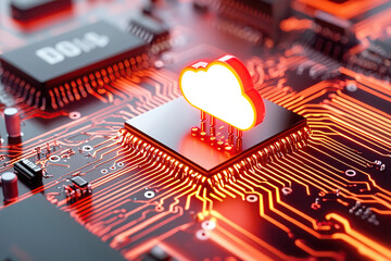 glowing cloud icon is integrated into circuit board, symbolizing cloud computing technology and digital connectivity. image highlights concept of multi cloud infrastructures and data processing