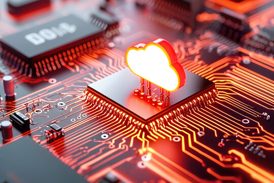 glowing cloud icon is integrated into circuit board, symbolizing cloud computing technology and digital connectivity. image highlights concept of multi cloud infrastructures and data processing