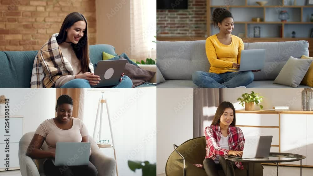 Poster four women engage in work on their laptops in different home environments. they showcase diverse sty