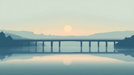 Fototapeta premium Serene Bridge Sunset Over Misty Mountains And Lake