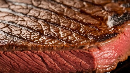 Fototapeta premium Grilled Steak Juicy, Rare, Seared, Delicious, Browned, Marbled, Red Meat, Texture, Flavor