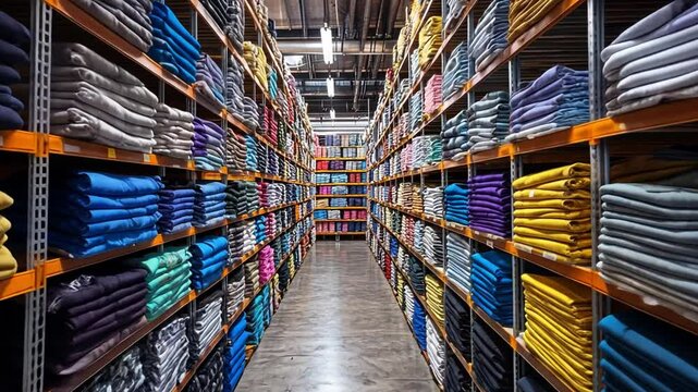 Apparel Warehouse Inventory: Rows of neatly stacked clothing in vibrant colors fill a large warehouse, showcasing a vast inventory of textiles ready for distribution.  