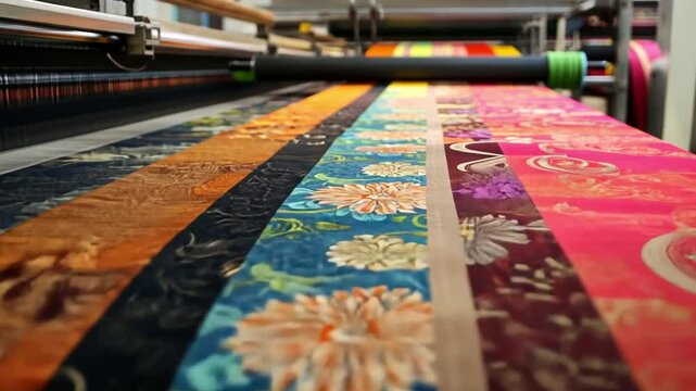 Textile Manufacturing: A close-up view of a textile machine producing a vibrant rainbow of patterned fabrics, showcasing the intricate artistry and technical processes of the textile industry.
