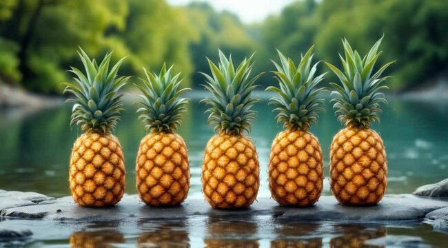 Five pineapples by river, lush background, summer refreshment