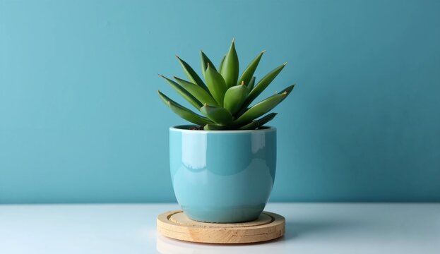Elegant Simplicity: A Captivating Display of Minimalist Beauty with a Verdant Succulent in a Stylish Ceramic Pot, Set Against a Soft Light Blue Background, Resting Gracefully on a Wooden Coaster with 