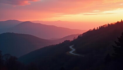 Mountain road at sunrise, misty landscape, scenic view, perfect for backgrounds, travel brochure