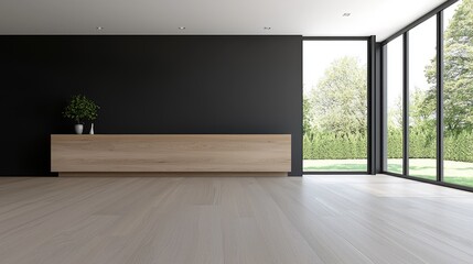 Obraz premium Modern Empty Room with Large Windows and Wooden Furniture