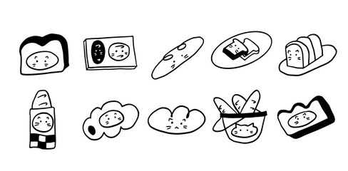 Adorable Cat x Bread Illustration Set – Minimalist Black & White Digital Art