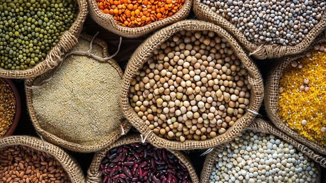 A Colorful Collection of Grains and Legumes in Burlap Sacks
