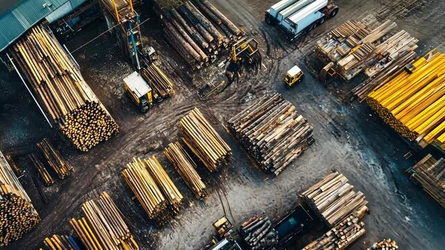Timber Yard from Above: An aerial perspective showcases a bustling timber yard, stacked high with logs and planks.
