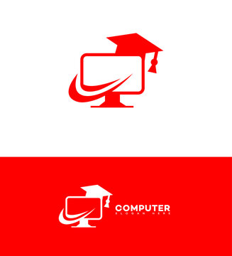 Red Computer Graduation Cap Logo Design for Online Education