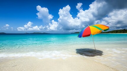 Colorful Beach Umbrella on Tropical Sandy Shore