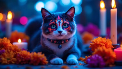 Cat with Sugar Skull Makeup Day of the Dead Candles