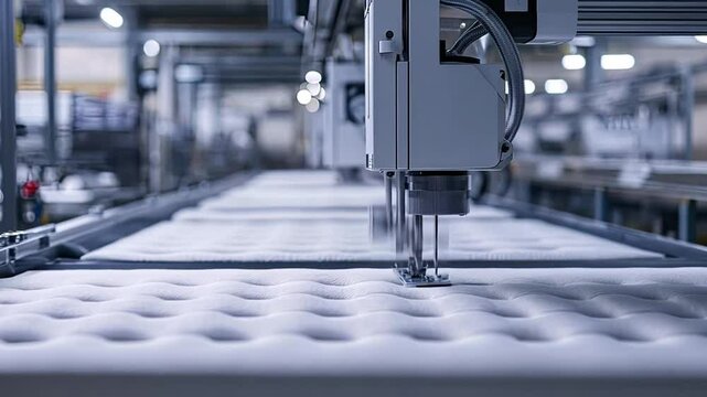 Mattress Manufacturing Process: Close-up view of automated industrial sewing machines meticulously stitching layers of foam for mattress production.