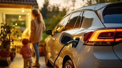 Naklejka premium Mother and Child Charging Electric Car at Home During Evening in Front of Cozy House with Warm Lighting in the Background