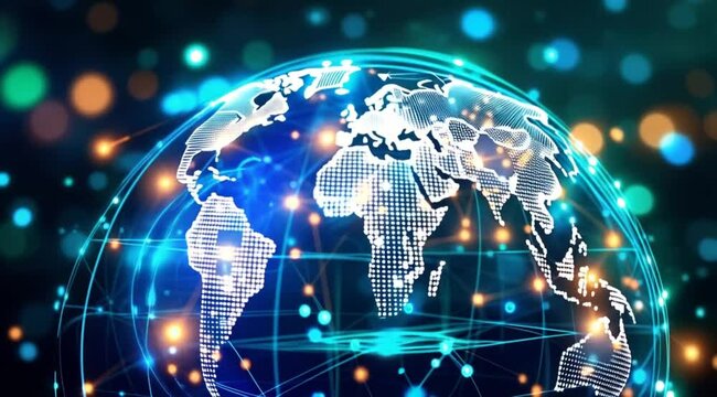 Global network connection, digital world map, data flow, technology background, website header
