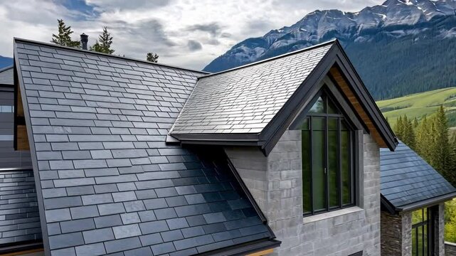 Modern Slate Roof: A close-up of a meticulously crafted slate roof on a contemporary home.  The sleek grey tiles create a  sophisticated and timeless aesthetic.