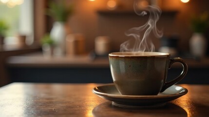 Obraz premium Aromatic Steam Rising from a Warm Beverage in a Rustic Setting on a Wooden Table
