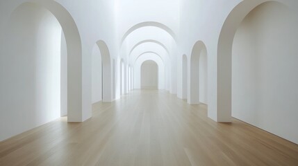 Fototapeta premium Modern white arched hallway, light wood floor, gallery background. Use Interior design