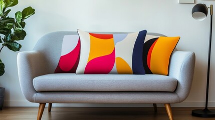 80.A vibrant living room scene featuring a colorful modern throw pillow with abstract patterns on a sleek gray sofa, surrounded by minimalist decor elements.