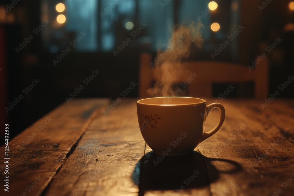 Aufkleber warm coffee cup on a rustic wooden table with steam rising in a cozy atmosphere. generative ai