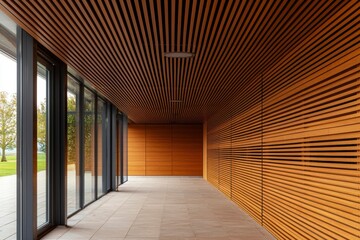 Modern interior of a spacious room featuring wooden slat walls and large glass windows