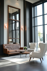 Modern luxury interior with elegant brown leather and white armchairs
