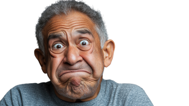 Senior man making grimace with transparent background