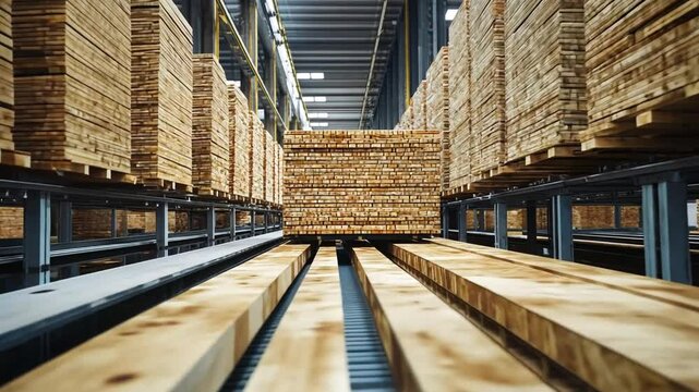 Lumber Storage in Warehouse: Rows of neatly stacked lumber fill a spacious warehouse, showcasing the organized storage and distribution of timber.