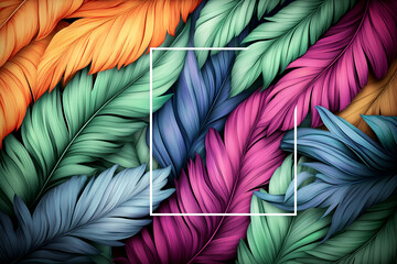 A colorful image of feathers with a white square in the middle. The feathers are of different colors and sizes, and they are arranged in a way that creates a sense of movement and depth