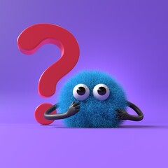 Fluffy, cute monster beside a question mark, symbolizing inquiry or curiosity. 3D rendering, conceptual image. Isolated on white background.