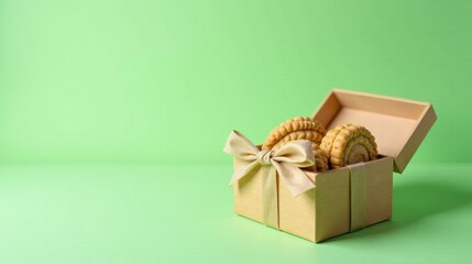 Delightful Treats in a Gift Box with a Golden Bow on a Pastel Green Background
