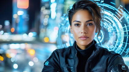 Obraz premium Futuristic woman in sleek jacket with digital background