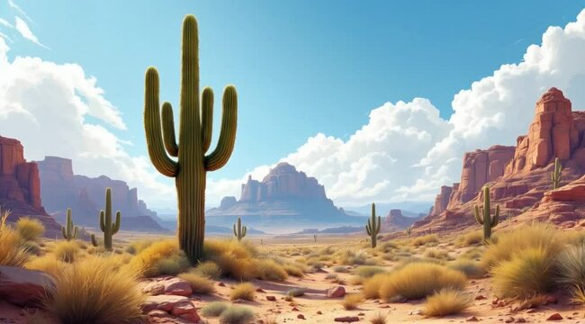Majestic saguaro cactus in desert landscape, sunny day, scenic background, ideal for travel brochures