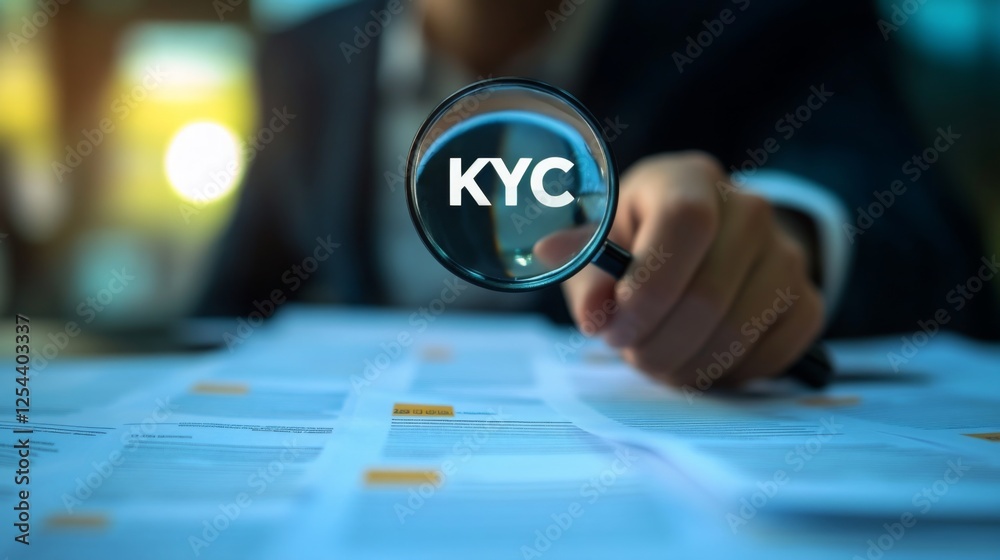 Aufkleber A person examines documents with a magnifying glass, focusing on the acronym 