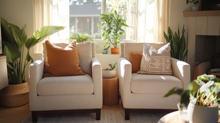 113.A serene living space with two accent chairs in earthy fabrics, each styled with cozy throw pillows, and a collection of houseplants enhancing the room's eco-friendly vibe.