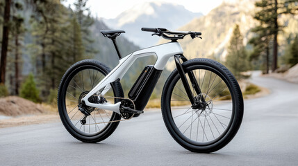 Fototapeta premium Futuristic self charging solar powered bicycle in scenic landscape