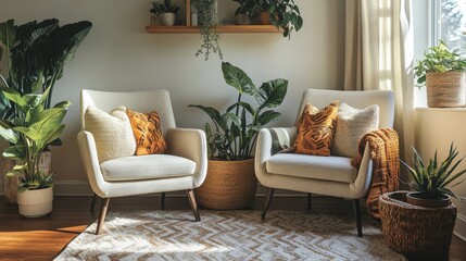 113.A serene living space with two accent chairs in earthy fabrics, each styled with cozy throw pillows, and a collection of houseplants enhancing the room's eco-friendly vibe.