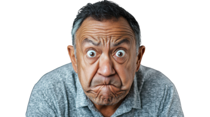 Surprised senior man making funny face on transparent background