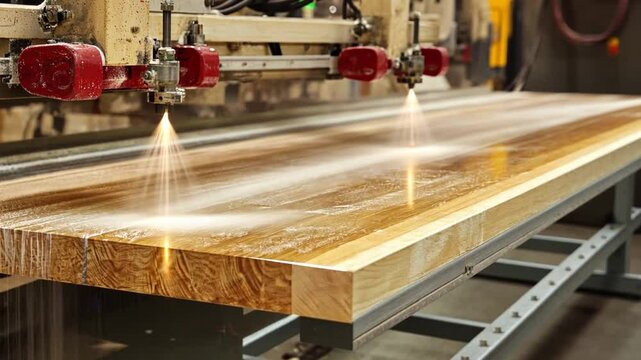 Precision Woodworking: A close-up view of a high-tech waterjet cutting machine in action, expertly carving intricate patterns into a large plank of wood. The process is precise and controlled.