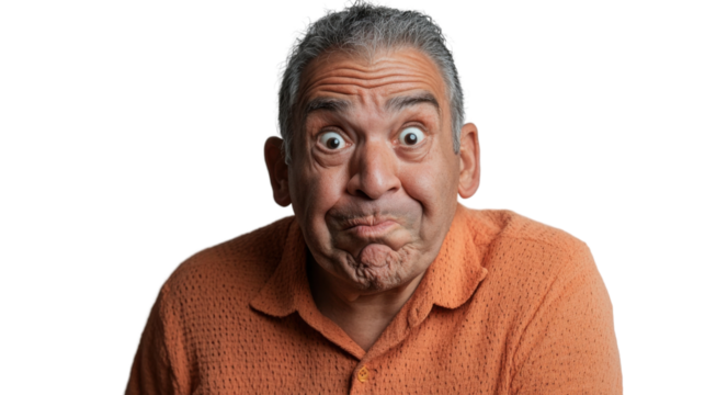 Surprised mature man making funny face on transparent background