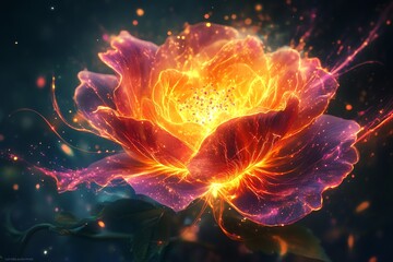 Obraz premium Fiery Flower Digital Art Glowing Rose with Sparkles