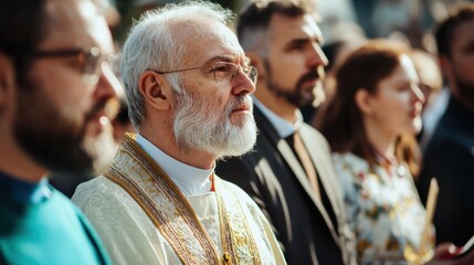 Church fathers and their families participating in a religious ceremony