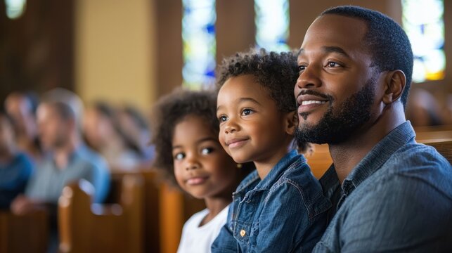 Fathers with their children in a church during service