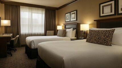 39.A modern motel guest room featuring a perfectly arranged double bed with crisp white linens, accented by patterned throw pillows and a neutral-toned wall backdrop.
