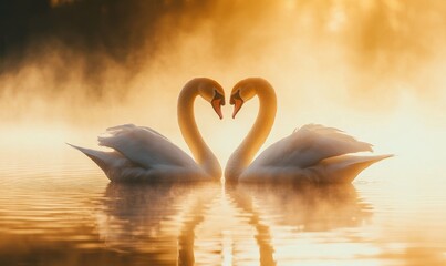 Two Swans Forming a Heart Shape in the Misty Morning
